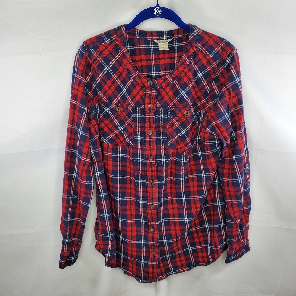 Women's Duluth Trading Co Red and Blue Plaid Cotton Button-down Shirt Medium